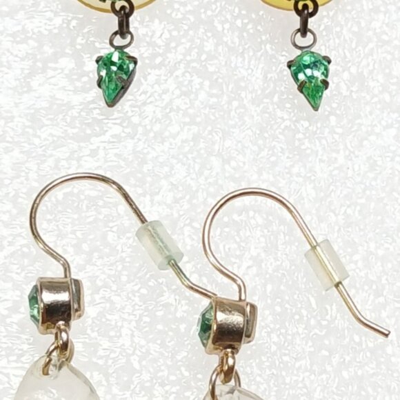 Vintage Green Crystal & Clear Bead Dangle Earrings Lot of 2 Pairs 1½" Drop - Picture 7 of 9